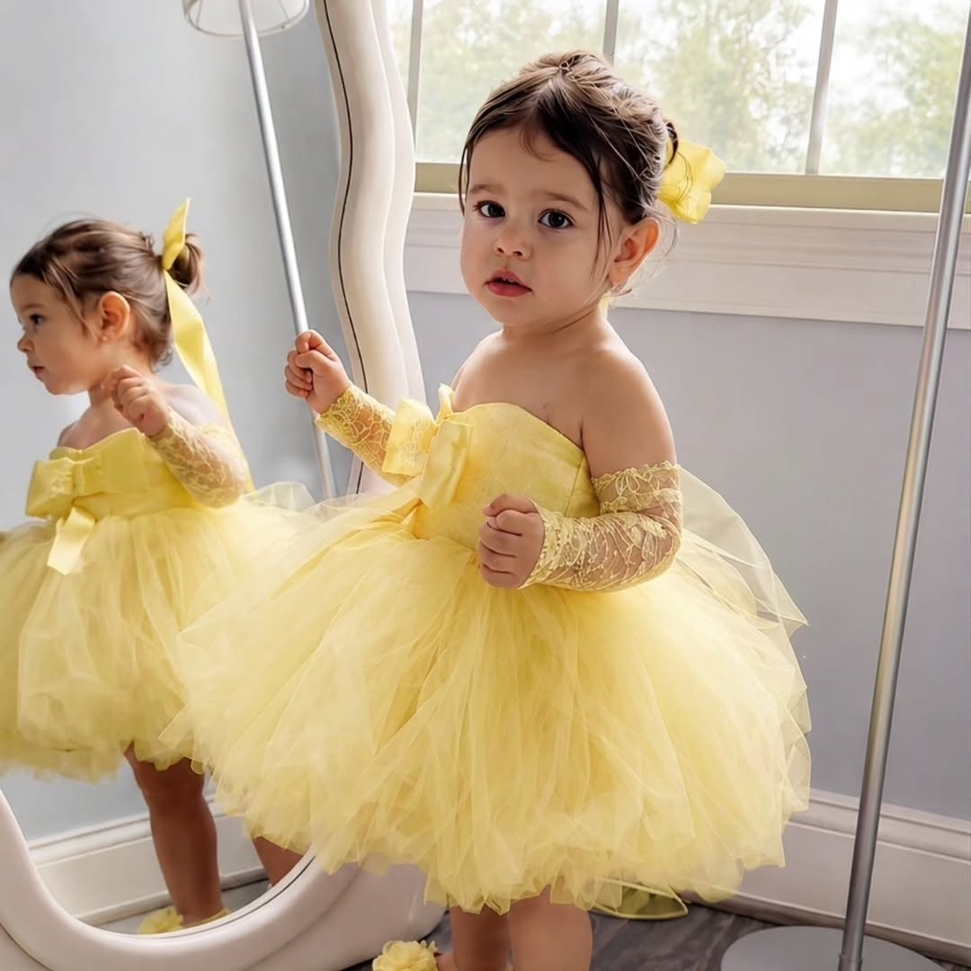 Embroidery Yellow Flower - Vestido de princesa amarelo para meninas,