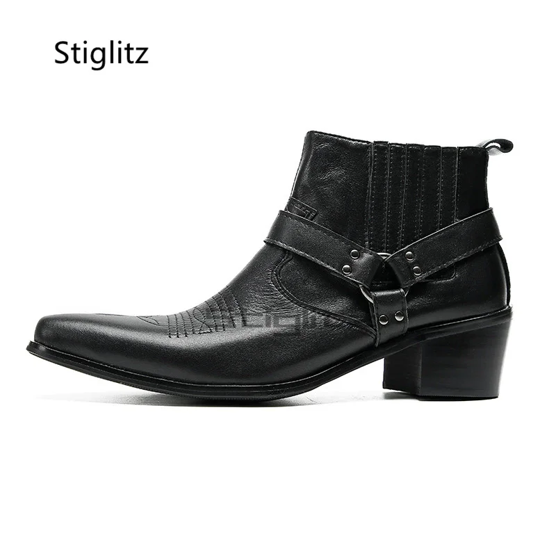 Embroidery On Leather - Botas masculinas de couro preto com