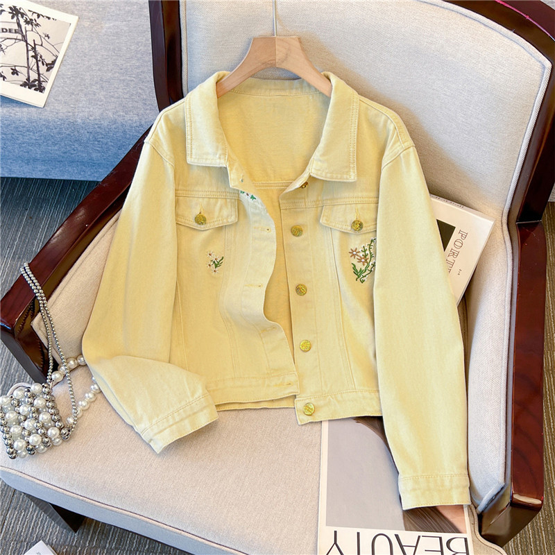 Embroidery Yellow Flower - Jaqueta Jeans Curta Amarela Feminina Vintage