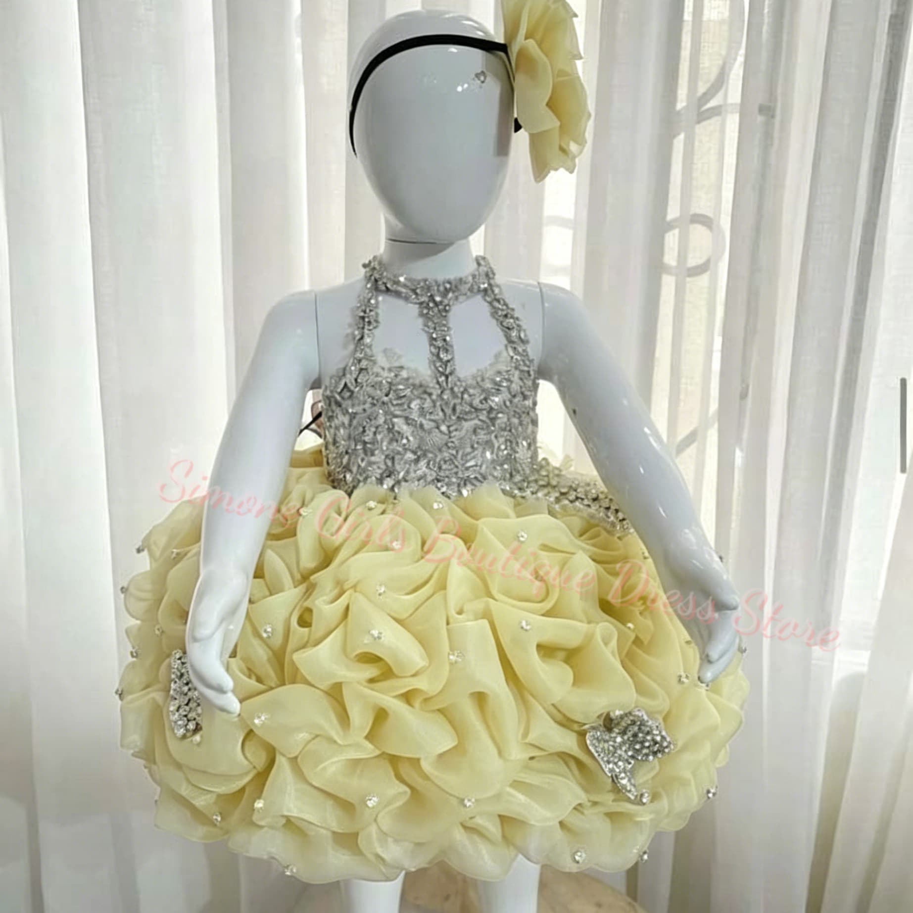 Embroidery Yellow Flower - Vestido amarelo com babados para meninas,