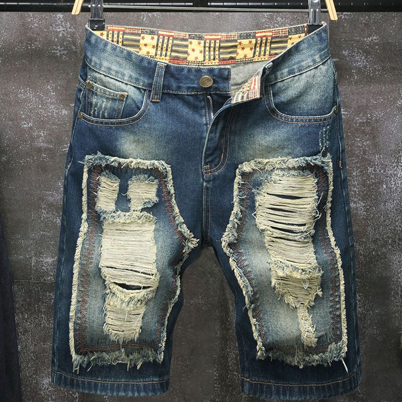 Embroidery Patch - Novos shorts jeans masculinos de cinco