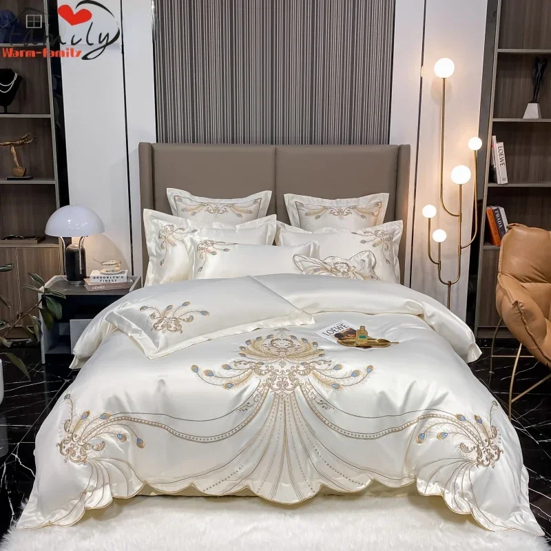 Luxo Ouro Pena Bordado Bedding - Embroidery Quilt Cover avaliação e preço