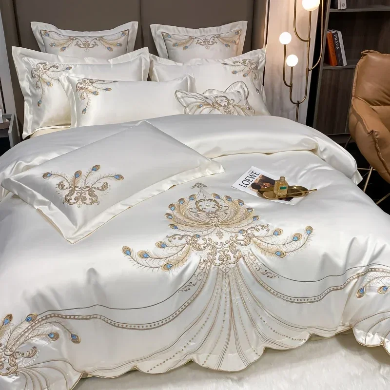 Luxo Ouro Pena Bordado Bedding - Embroidery Quilt Cover avaliação e preço