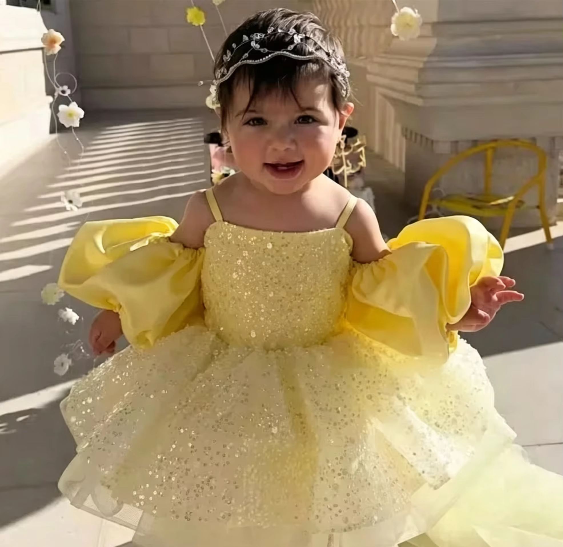 Vestidos fofos de flor amarela - Embroidery Yellow Flower avaliação e preço
