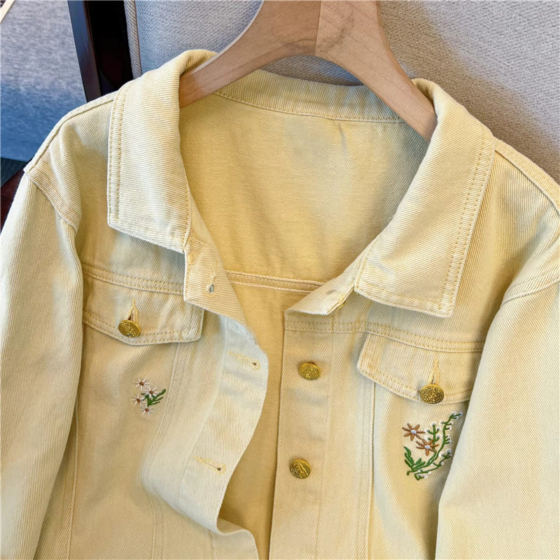 Jaqueta Jeans Curta Amarela Fe - Embroidery Yellow Flower avaliação e preço