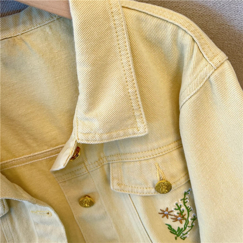 Jaqueta Jeans Curta Amarela Fe - Embroidery Yellow Flower avaliação e preço