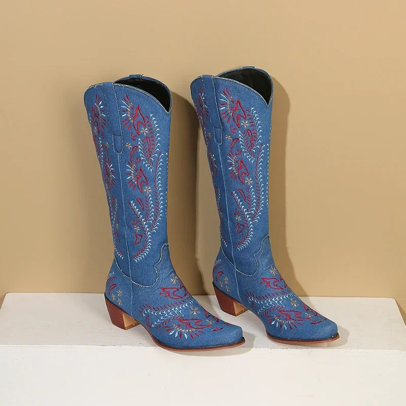 Azul denim ocidental cowgirl j - Embroidery Flower avaliação e preço